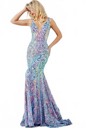 Jovani V-Neck Open Back Dress In Iridescent Blue