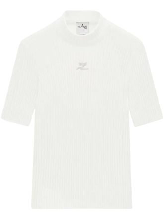 Courr&egrave;ges Short-Sleeved Fitted Knit Sweater with Subtle Logo Detail