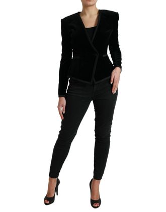 Dolce & Gabbana Womens Black Velvet Cotton Double Breasted Jacket Silk Elastane Clothing