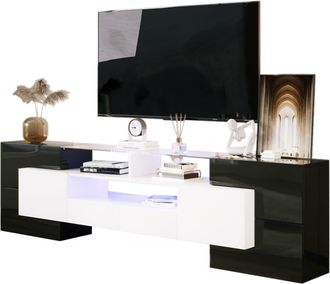 STILVORA Mueble Tv Con 4 Puertas, 2 Cajones, 3 Compartimentos Y Led, Frente Brillante, 200&times;35&times;60 Cm, En Tablero, Negro Y Blanco