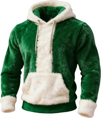 Generic Christmas Jumpers for Men Plush Stitching Mens Hoodies Patchwork Color Velvet Oversized Long Sleeve Pullover Loose Fit Hooded Sports Mens Sweatshirt (