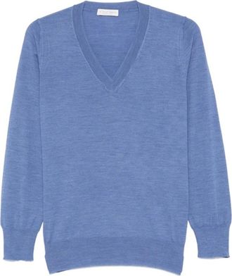 Le Tricot Perugia Blauwe Melange V-hals Wollen Trui - Dames - V-hals truien - Blauw - L - Wol - Truien & Vesten