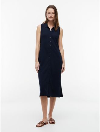 Tommy Hilfiger Womens Sleeveless Pique Midi Polo Dress - Navy - XXL