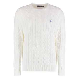 Polo Ralph Lauren Round-neck Knitwear, male, White, Size: 2XL Embroidered Logo Cable Knit Pullover