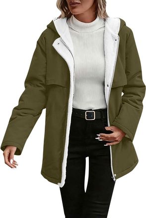 Generic Womens Fleece Lined Jacket Long Sherpa Coats Hooded Zip Up Thermal Warm Jackets Windbreaker Outwear Ladies Casual Baggy Loose Fit Hoodies, Solid Color