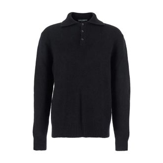 Dolce & Gabbana Tops, Heren, Zwart, L, Wol, Zwarte Polokraagtrui met Achterlogo Patch