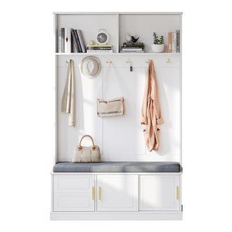 STILVORA Perchero Con Banco Zapatero Y Estanter&iacute;a, 6 Ganchos, Sistema Antivuelco, Estilo Moderno, En Tablero De Part&iacute;culas, Blanco, 120&times;40&times;191 Cm