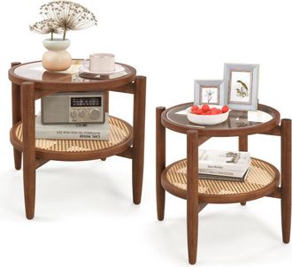 Costway 2-Tier Round Side End Table PE Rattan Coffee Table Set of 2-Brown