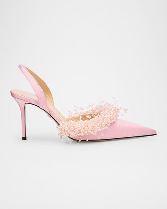 Mach & Mach Floating Pearly Satin Slingback Pumps