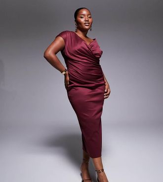 Asos Curve ASOS DESIGN Curve - Vestito midi strutturato con maniche ad aletta e parte frontale incrociata con drappeggio color bacca scuro-Rosso