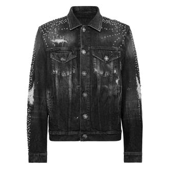 Philipp Plein Jassen, Heren, Grijs, M, Denim, Denim Trucker Jacket LS Studs