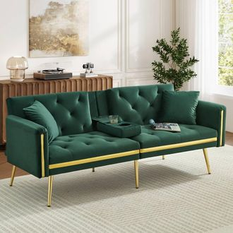 Merax 174cm Velvet Sofa Bed with Fold-Down Cup Holders & Gold Trim in Green