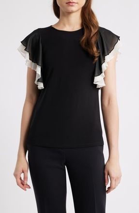 Anne Klein Layered Flutter Sleeve Mixed Media Top in Anne Black/White Dove at Nordstrom, Size Xx-Small