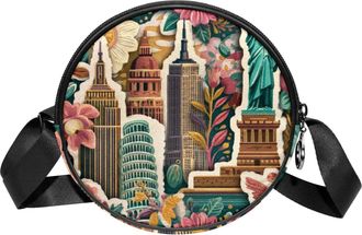 Generic Circle Crossbody Bag for Women, Retro Famous Landmark Small Sling Bag Daypack with Zipper Adjustable Shoulder Straps Casual Ladies Girls Round Purse