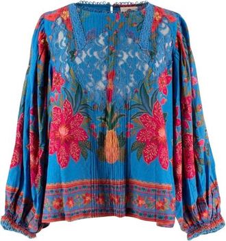Farm Rio Blue Printed Lace Detail Blouse Size XS