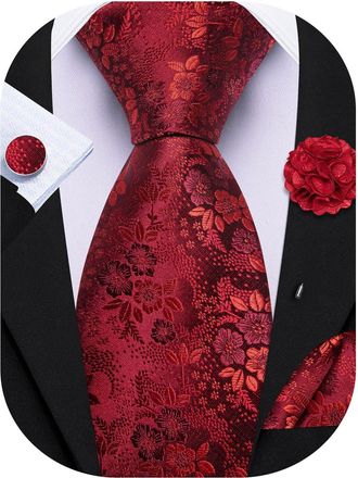 Barry.Wang Red Tie with Flower Lapel Pin for Men Floral Silk Necktie Pocket Square Cufflinks Set Formal Wedding Party Business