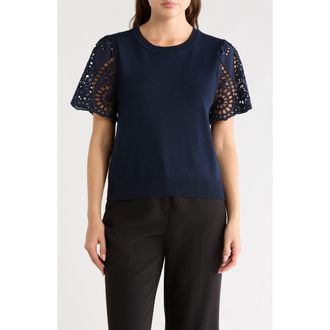 Nanette Lepore Embroidered Eyelet Short Sleeve Twofer Sweater in Nanette Navy at Nordstrom Rack, Size X-Large