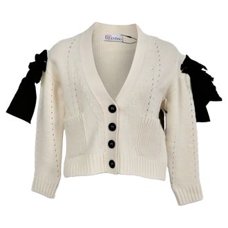 Valentino Garavani RED Valentino Knitted Bow Accent Cardigan in Cream Wool