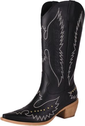 Generic Womens Knee-High Western Cowboy Boots PU Leather Wing Embroidery Metal Stud Detail Pointed Toe Low Block Heels Sleek Stitching Comfortable Non-Slip Du
