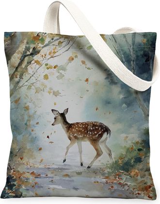 Generic Deer Watercolor Canvas Tote Bags, Nature Inspired Lightweight Washable Grocery Bags, Autumn Rustic Floral Shoulder Strap Ca, Multicolor, 13x15 Inch