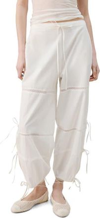 Mango Lace & Bow Detail Cotton Pants in Ivory White at Nordstrom, Size Medium