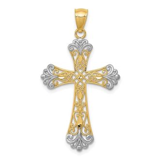 Diamond2Deal 14k Yellow Gold Rhodium Diamond-cut Cross Pendant