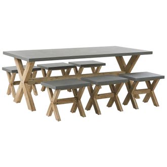 Beliani Conjunto De Comedor Para Jard&iacute;n De Cemento Reforzado Gris Con Patas De Madera De Acacia Para 6 Personas Mesa Con 6 Taburetes Olbia