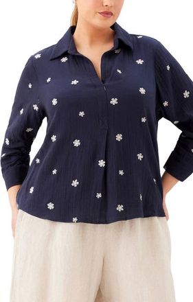 Karen Kane Embroidered Ruched Sleeve Shirt in Navy at Nordstrom, Size 2X