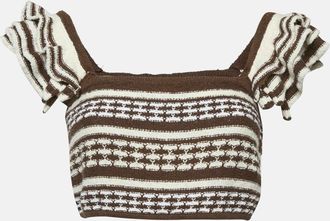 Tularosa Brown Cotton Knit Ruffle Sleeve Crop Top