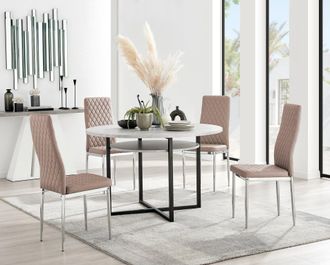 Furniturebox Adley Grey Concrete Effect Round Dining Table & 4 Milan Chrome Leg Faux Leather Chairs in Beige