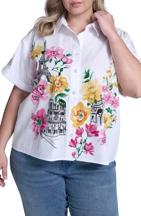 Karl Lagerfeld Floral Placement Cotton Poplin Button-Up Shirt in White at Nordstrom, Size 0X