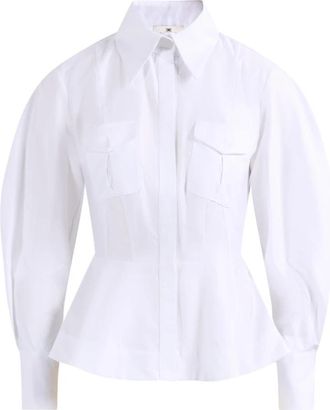 Elisabetta Franchi Cotton Poplin Shirt With Flounce - Dames - Overhemden - Wit - M - Katoen - Overhemden