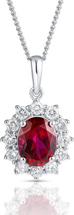 The Diamond Store Lab Ruby 9x7mm and Lab Diamond Cluster Necklace Pendant in 18K White Gold