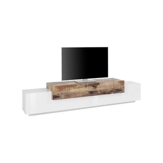 Dmora Dmora - Mueble De Televisi&oacute;n Dlamann, Aparador Bajo Para Sal&oacute;n, Base Soporte Tv, 100% Made In Italy, Cm 240x45h52, Blanco Brillo Y Arce