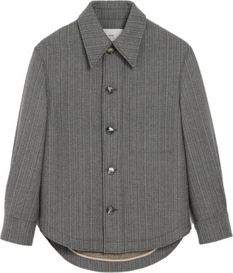 Ami Grijze Herringbone Wollen Jas - Heren - Casual Overhemden - Grijs - L - Wol - Overhemden