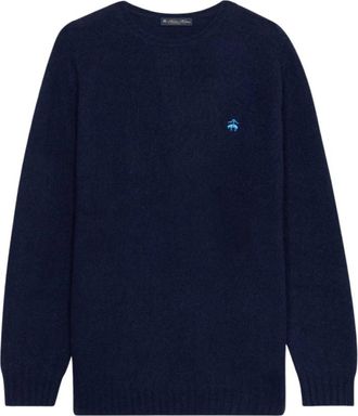 Brooks Brothers Shetland Wol Trui met Logo - Heren - Ronde hals truien - Blauw - 2XL - Wol - Truien & Vesten