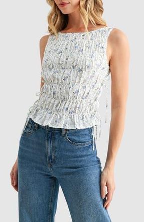 All in Favor Floral Smocked Side Tie Cotton Tank in Blue Ditsy at Nordstrom Rack, Size Small