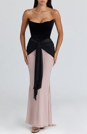 House of CB Clara Velvet & Chiffon Drape Corset Gown in Black Velvet at Nordstrom, Size X-Small