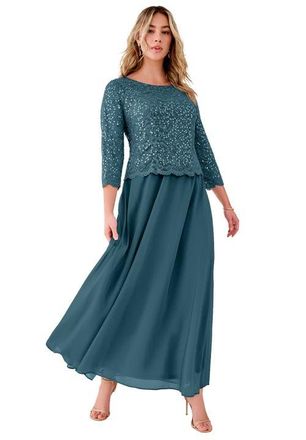 Roaman's Plus Size Sequin Lace Three Quarter Sleeve A-Line Gown in Mystic Pine at Nordstrom, Size 44