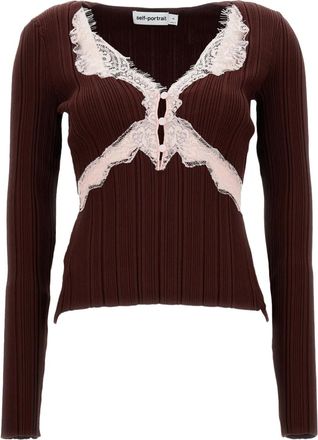 Self Portrait T-shirt con scollo a V - Marrone