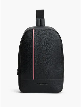 Tommy Hilfiger Mens Signature Stripe Pebbled Sling Bag - Black