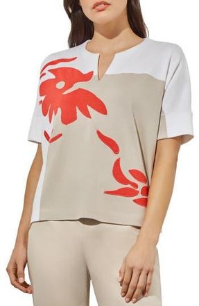 Ming Wang Placed Floral Short Sleeve Sweater in Flamenco/Limestone/White at Nordstrom Rack, Size Large/x-Large