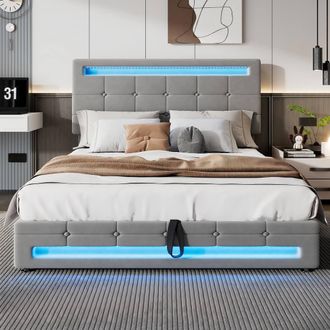 Merax 4ft6 Double Velvet Ottoman Storage Bed with Lights & Tufted Headboard in Grey
