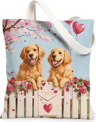 Generic Valentines Day Golden Retriever Dog Canvas Tote Bag for Shopping 13x15, Farm Couple Puppy Reusable Grocery Print Pattern Bag for Women, Pet Beach Aest