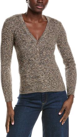 Minnie Rose Cashmere-Blend Rib Marled Henley Cardigan