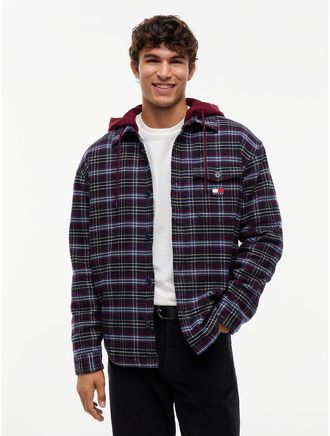 Tommy Hilfiger Mens Tommy Jeans Hooded Overshirt - Calypso Berry Check - XXL