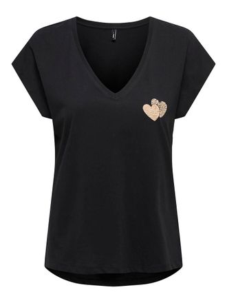 Only T-shirt met V-hals en hartmotief op de borst