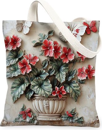 Generic Spring Relief Geranium Flower Canvas Tote Bag for Shopping 13x15, Luxury Floral Wildflower Reusable Grocery Print Bag for Women, Garden Beach Aestheti