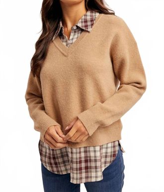 Hem & Thread Plaid Contrast Mixed V-Neck Sweater In Burgundy Plaid /tan