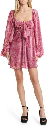 For Love & Lemons Francesca Paisley Balloon Sleeve Bow Babydoll Dress in Purple at Nordstrom, Size Large